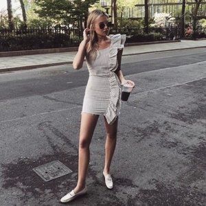 Zara Asymmetric Stripe Denim Ruffle Mini Dress